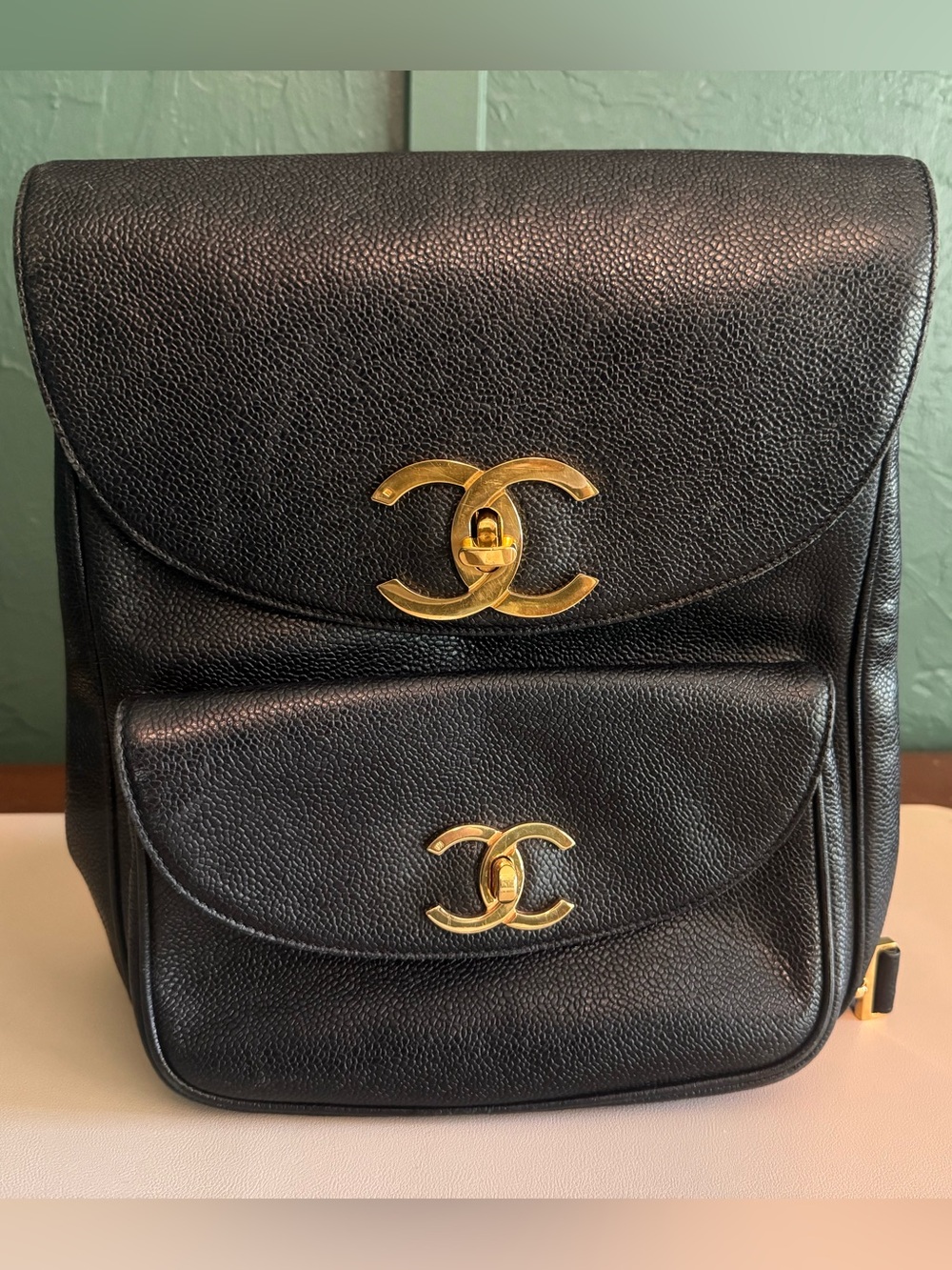 RARE Chanel 1990s Vintage Caviar Black Leather Double Pocket Duma Backpack Bag